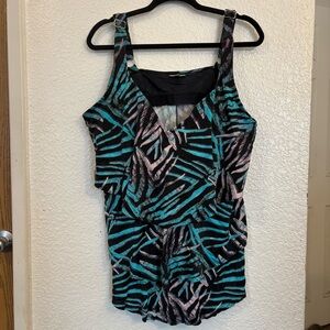 Avenue Plus Size 22 Tankini Swim Top Black Teal Abstract Flowy Lined Adju Straps